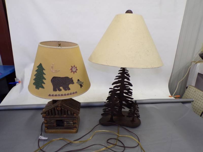 lot 67 image: Pair of Lamps, Cabin and Trees
