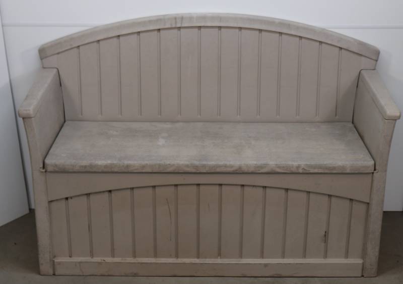 lot 12 image: Plastic PatioGarden Bench w Storage