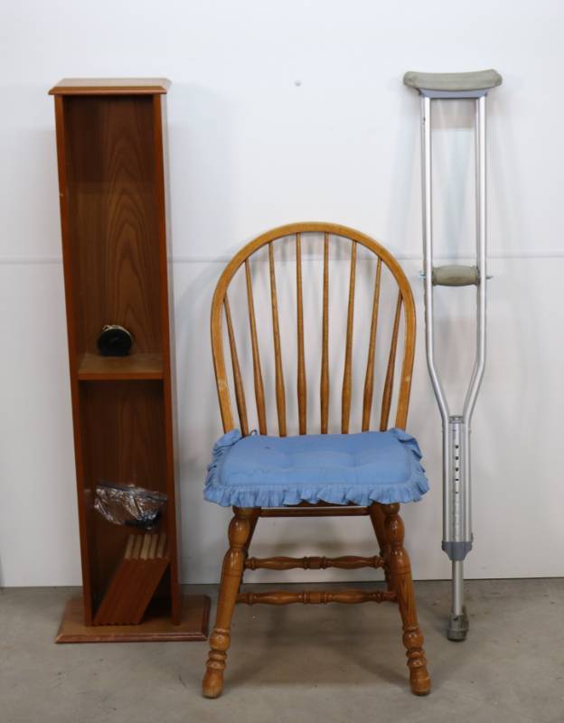 lot 39 image: Chair, Crutches, and DVD Rack