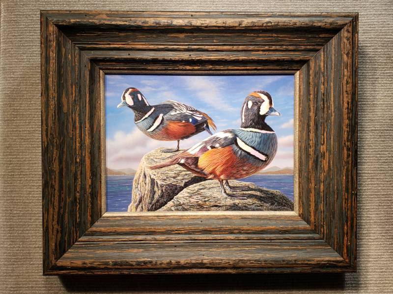 lot 2 image: Kim Norlien Original Acrylic on Masonite Board Harlequin Ducks 1994 Duck Stamp Entry