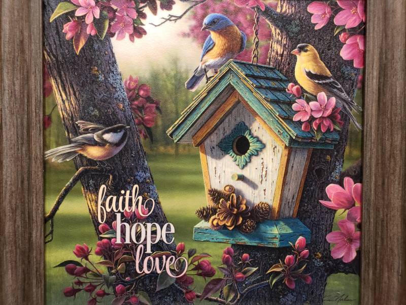 lot 82 image: Kim Norlien Springtime Beauty with Faith, Hope, Love Inscription Framed Print 15 14 x 15 14