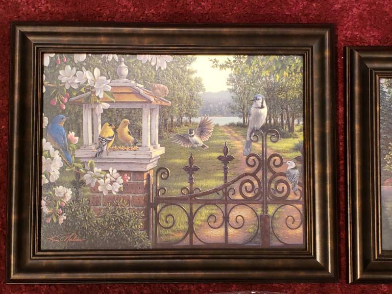 lot 101 image: (4) Kim Norlien Framed Prints Songbirds and Church Scene