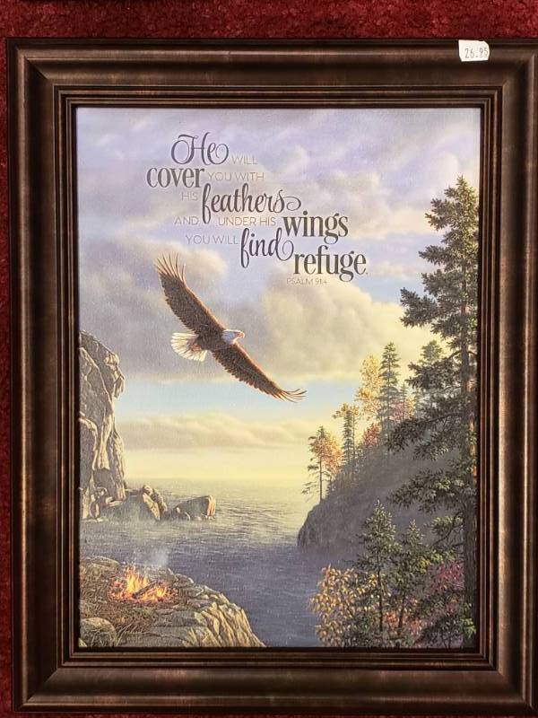 lot 107 image: (4) Kim Norlien Framed Prints Bible Verses, Eagle, Northern Lights, etc.