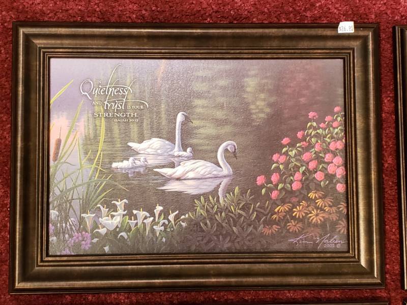 lot 111 image: (4) Kim Norlien Framed Prints Bible Verses, Songbirds, Swans, etc.