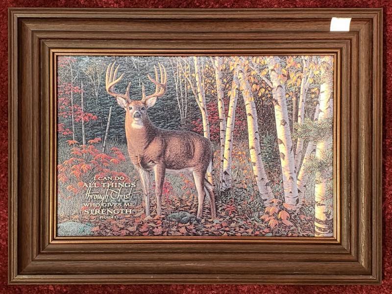 lot 112 image: (4) Kim Norlien Framed Prints Bible Verses, Deer, Moose, etc.