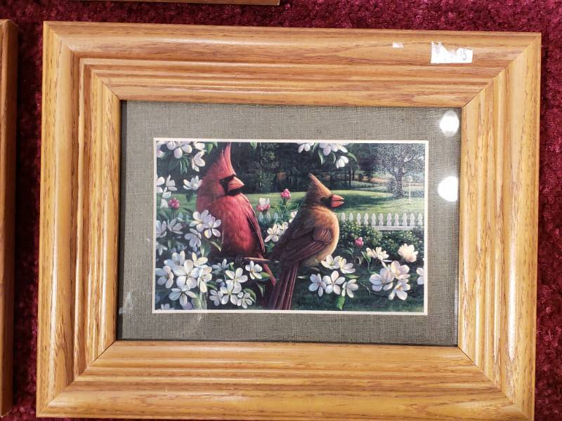 lot 122 image: (3) Kim Norlien Oak Framed Prints Songbirds