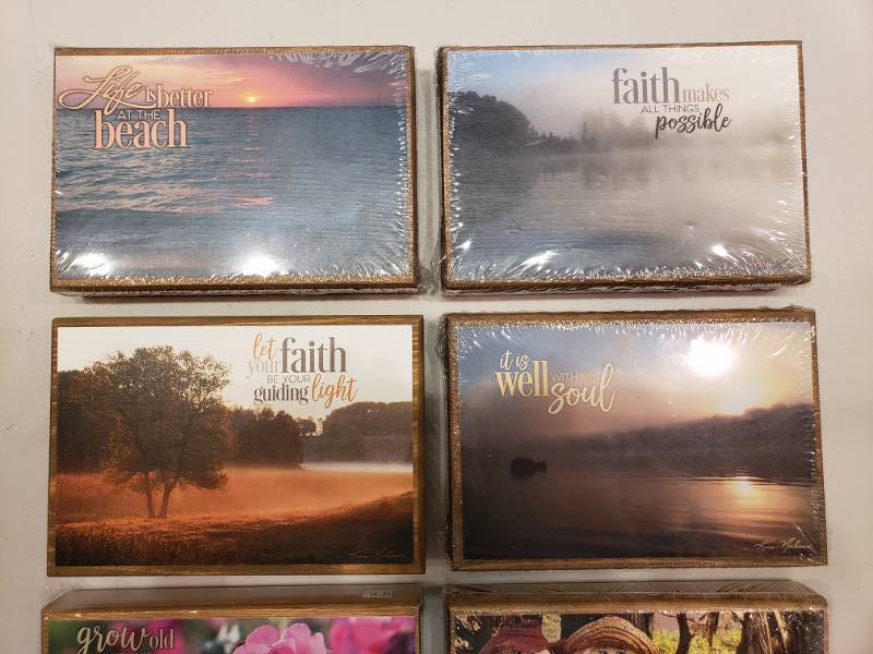 lot 146 image: (6) Kim Norlien Prints on Wooden Blocks Encouraging and Spiritual Quotes
