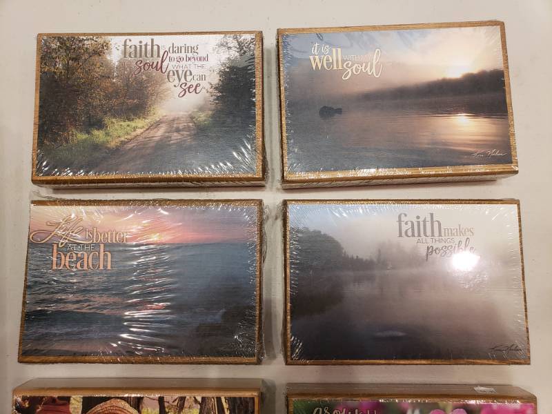 lot 147 image: (6) Kim Norlien Prints on Wooden Blocks Encouraging and Spiritual Quotes