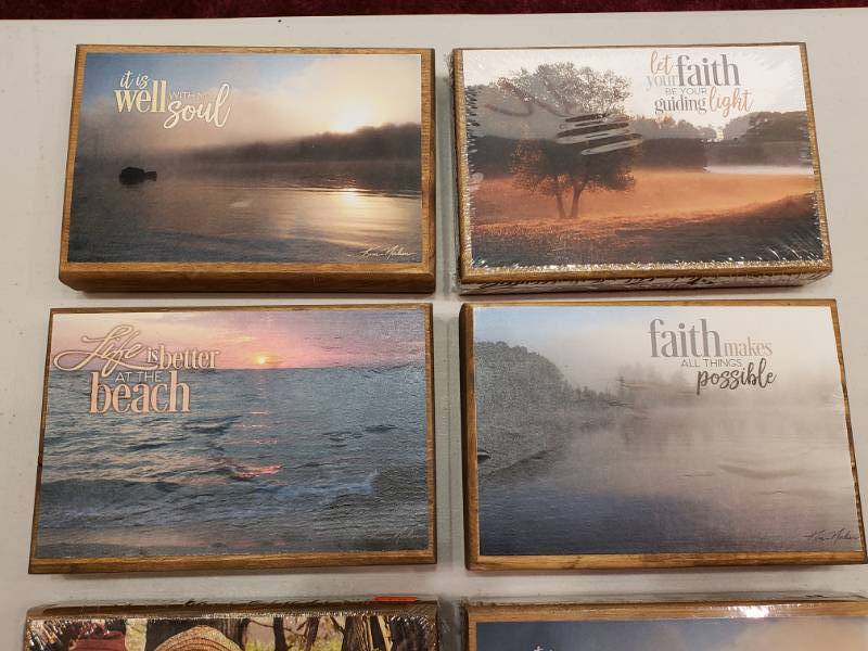 lot 148 image: (6) Kim Norlien Prints on Wooden Blocks Encouraging and Spiritual Quotes