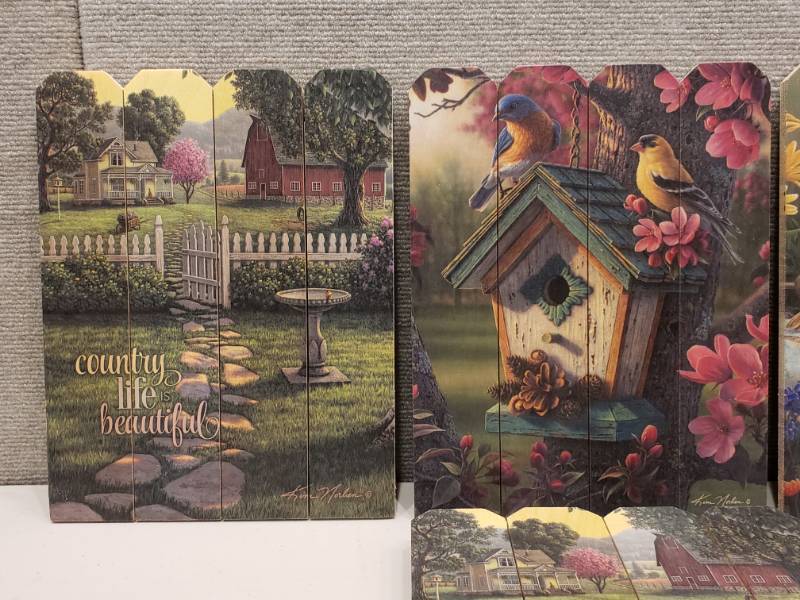 lot 152 image: (4) Kim Norlien Prints on Wooden Picket Fence Styled Pieces Some with Sayings