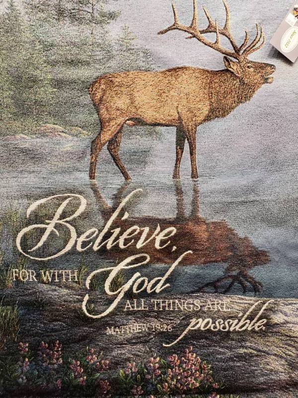 lot 157 image: Kim Norlien Bugle Boy Woven Tapestry on Rod with Bible Verse - 34 12 x 38 12