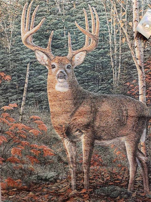 lot 158 image: Kim Norlien Autumn Sentinel on Woven Tapestry with Rod - 33 12 x 37 12