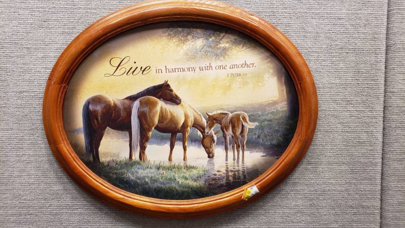 lot 170 image: Oval Framed Horses Print with Bible Verse and Farmers Quote Print on Board