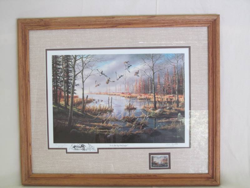 lot 23 image: Ken Zila Print A Likely Refuge 1984 Commeriative Print wstamp 21x25