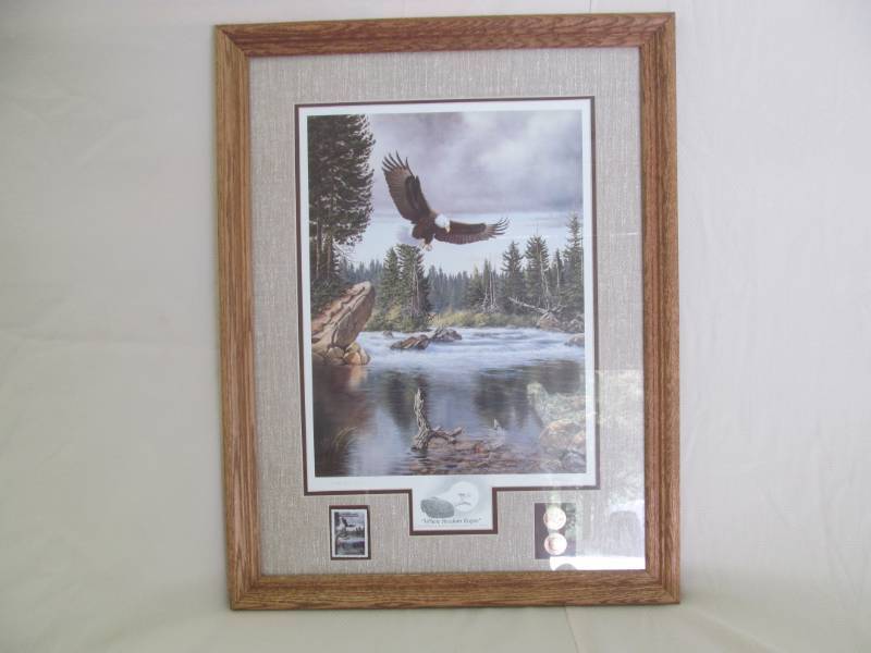 lot 27 image: Derek Hansen Print Wheer Freedom Begins Collectors edition 1992 wstamp  coins- 21x27