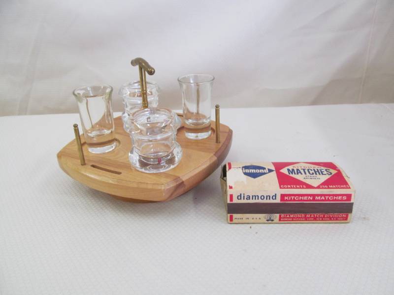 lot 64 image: Shot Glass  Ash Tray wooden Caddy, Diamond Safety wood matches