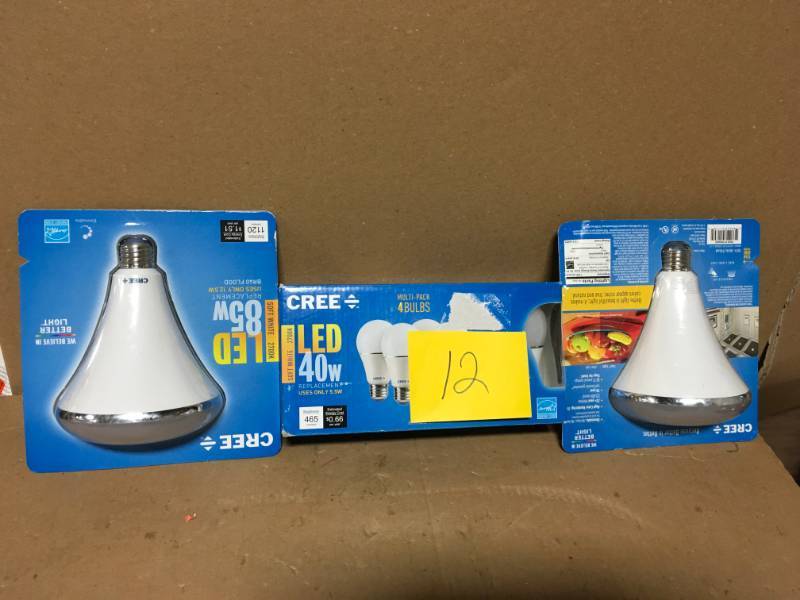 lot 12 image: Cree 85 W Soft White 2700k Br30 Dimmable LED Flood Light Bulbs (2) & (1) 40 w CREE LED PK 4 not used