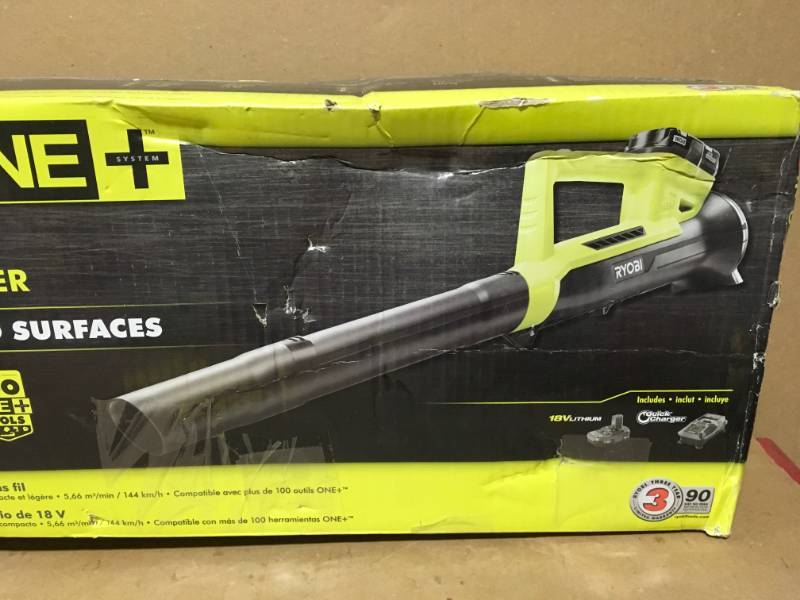 lot 20 image: RYOBI ONE 90 MPH 200 CFM 18-Volt Lithium-Ion Cordless Leaf Blower - 2.0 Ah Battery and Charger Included in good condition