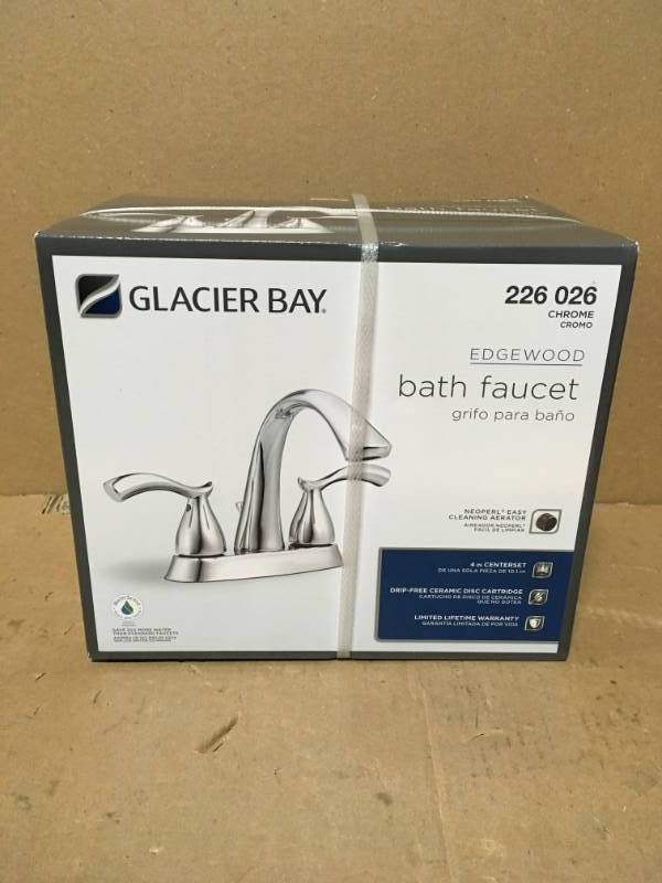 lot 38 image: Glacier Bay Edgewood 4 in. Centerset 2-Handle High-Arc Bathroom Faucet in Chrome in good condition