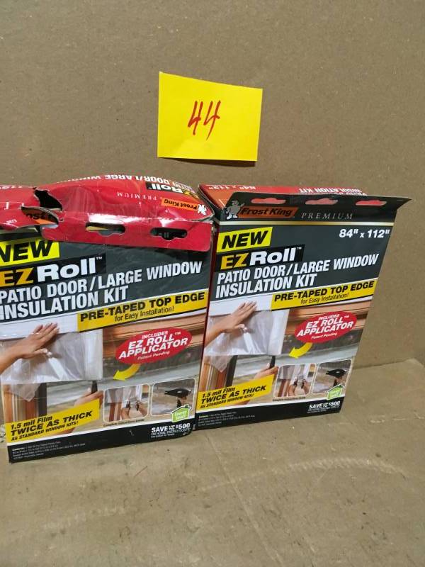 lot 44 image: Frost King EO 84 in. x 112 in. Premium Heavy-Duty EZ Roll-on Shrink Patio DoorLarge Window Insulation Kit QTY 2 in good condition