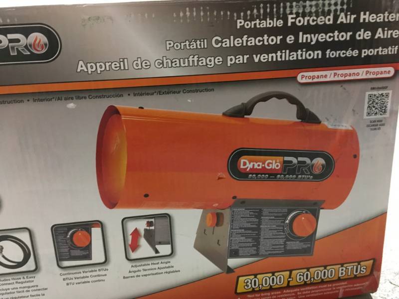 lot 66 image: Dyna-Glo Pro 60K BTU Forced Air Propane Portable Heater in good condition
