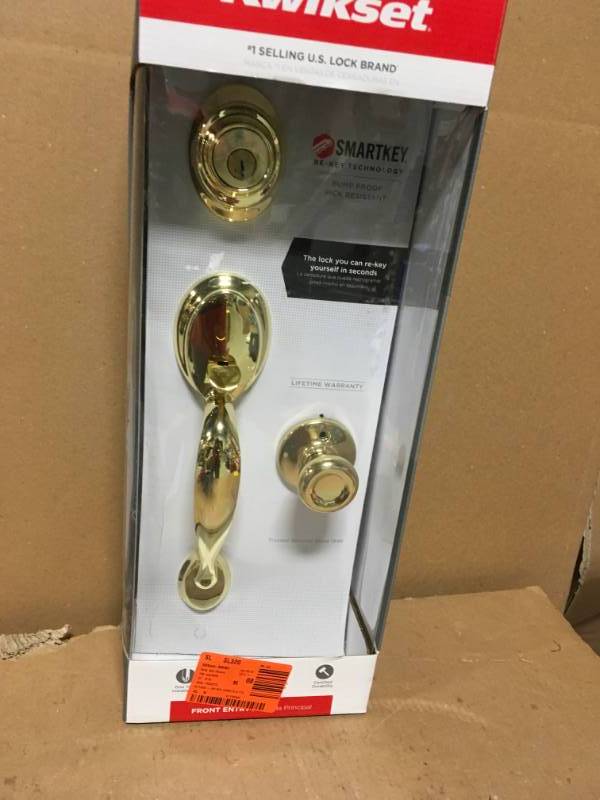lot 67 image: Kwikset Dakota Polished Brass Single Cylinder Door Handleset with Tylo Door Knob Featuring SmartKey Security in good condition