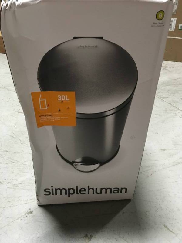 lot 88 image: simplehuman 30-Liter Fingerprint-Proof Brushed Stainless Steel Round Step-On Trash Can in good condition