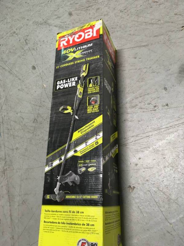 lot 90 image: RYOBI Reconditioned 40-Volt X Lithium-Ion Attachment Capable Cordless String Trimmer - 2.6 Ah Battery and Charger Included in good condition
