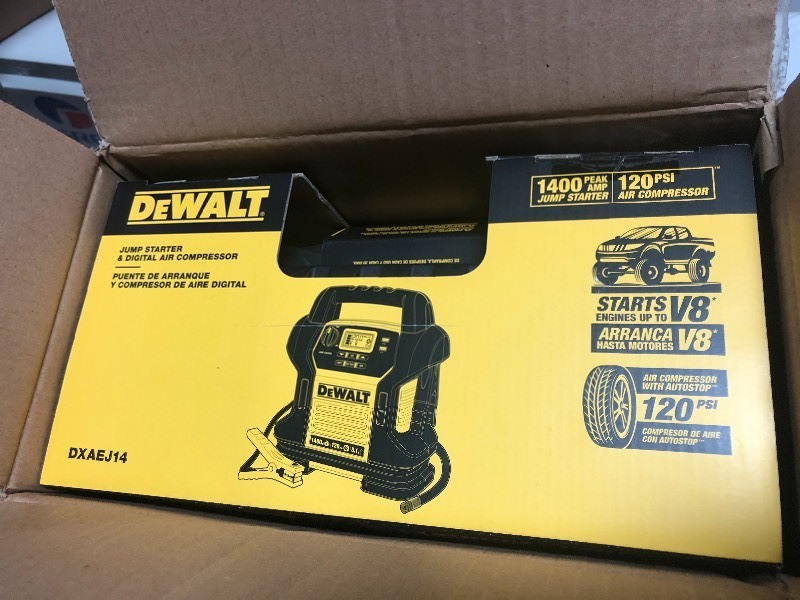 lot 105 image: DEWALT 1400 Peak Amp Jump Starter with Digital Compressor in good conditions