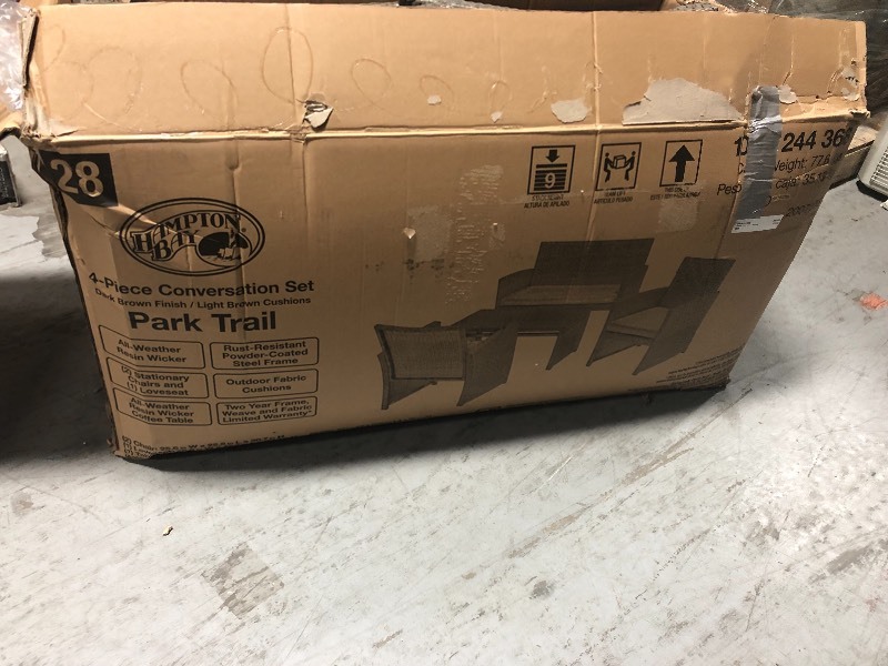 lot 104 image: Park Trail Grey 4-Piece Wicker Patio Conversation Set with Light Brown Cushions in good conditions