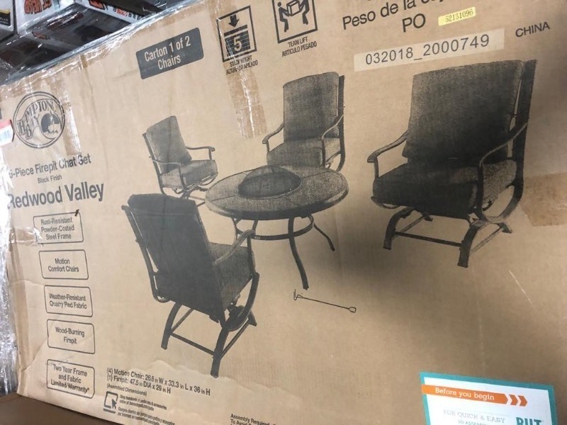 lot 112 image: Hampton Bay Redwood Valley 5-Piece Metal Patio Fire Pit Seating Set with Quarry Red Cushions in good conditions