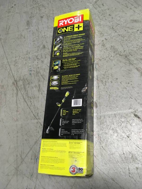 lot 7 image: RYOBI ONE 18-Volt Lithium-Ion Brushless Cordless String Trimmer -  Battery and Charger Included  in good condition