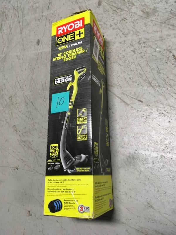 lot 10 image: RYOBI ONE 18-Volt Lithium-Ion Electric Cordless String Trimmer and Edger - 1.3 Ah Battery and Charger Included  in good condition