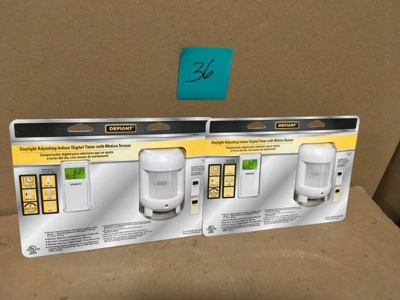 lot 36 image: Defiant 8 Amp 7-Day Indoor In-Wall SunSmart Digital Timer Switch with Motion Sensor, White QTY 2  in good condition