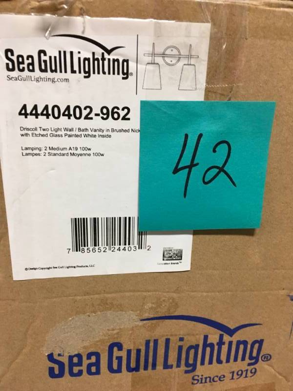 lot 42 image: Sea Gull Lighting Driscoll 2-Light Brushed Nickel WallBath Vanity Light with Inside White Painted Etched Glass  in good condition
