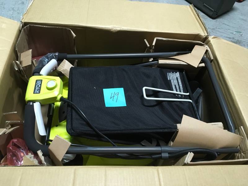 lot 49 image: RYOBI 16 in. ONE 18-Volt Lithium-Ion Cordless Battery Walk Behind Push Lawn Mower Two 4.0Ah BatteriesCharger Included  in good condition