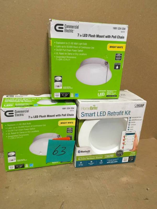 lot 63 image: Commercial Electric Spin Light 7 in. White LED Flush Mount with Pull Chain 4000K Bright White 830 Lumens Non-Dimmable QTY 3