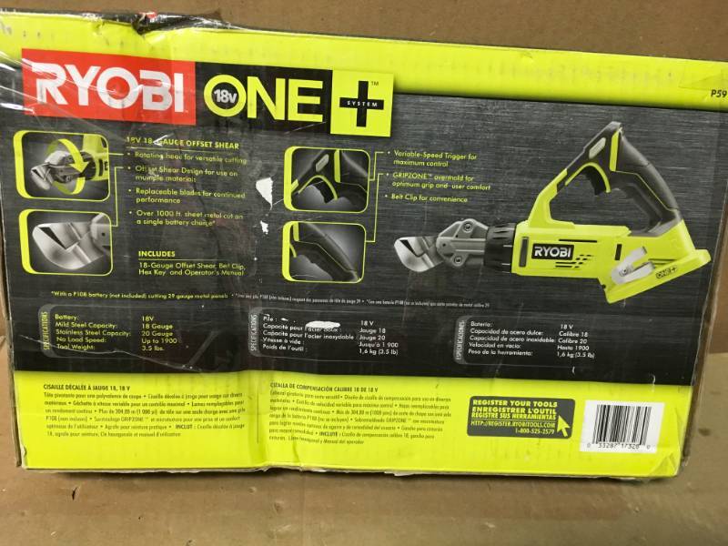 lot 83 image: RYOBI 18-Volt ONE 18-Gauge Offset Shear (Tool Only)  in good condition