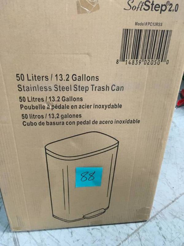 lot 88 image: iTouchless SoftStep 13.2 Gal. Stainless Steel Step Trash Can with Odor Filter and Inner Bucket for Office and Kitchen not used