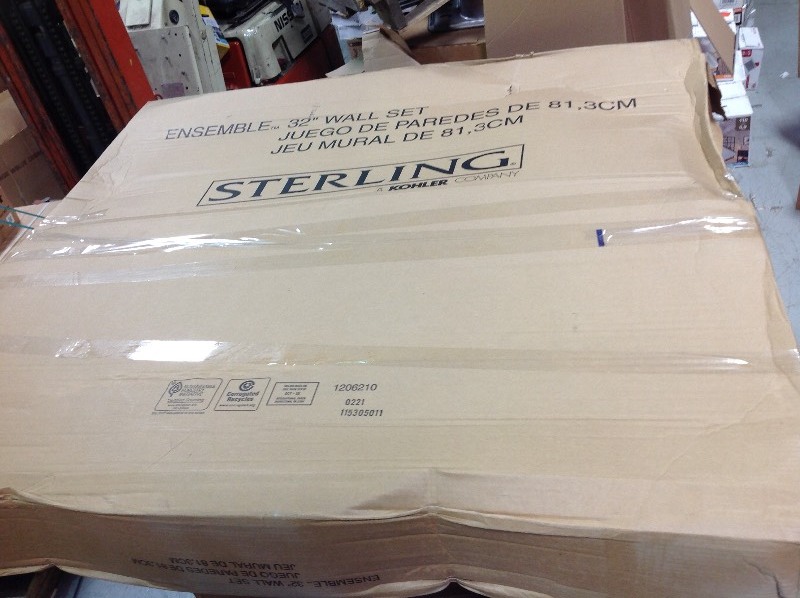 lot 103 image: STERLING Ensemble Tile 33-14 in. x 60 in. x 55-14 in. 3-Piece Direct-to-Stud Tub and Shower Wall Set in White IN GOOD CONDITIONS