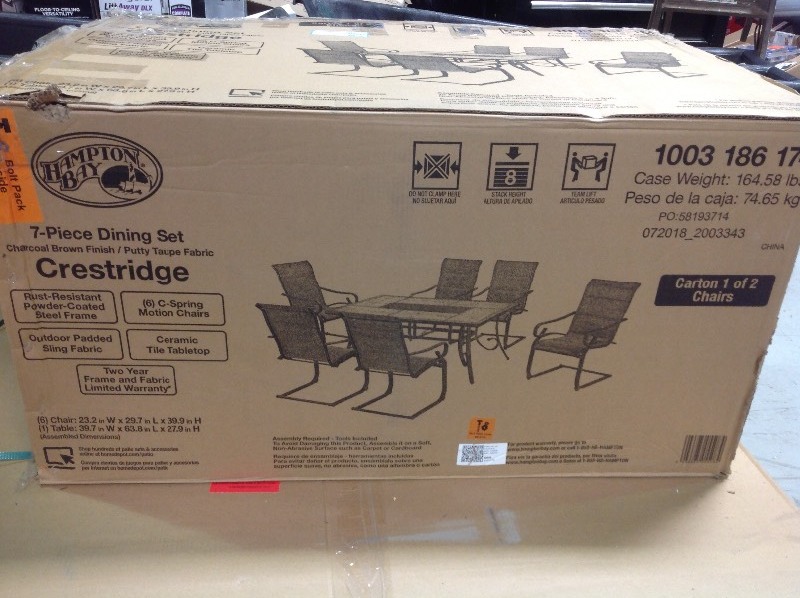 lot 110 image: Hampton Bay Crestridge 7-Piece Padded Sling Outdoor Dining Set in Putty in good conditions