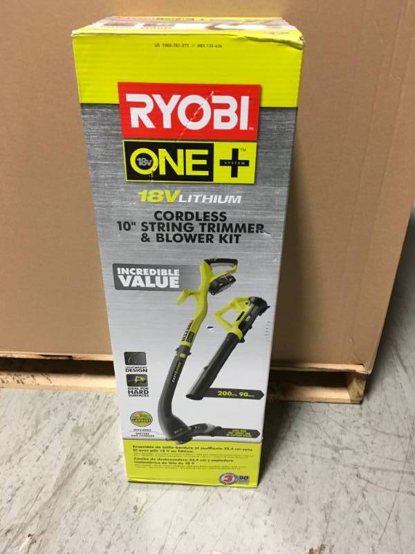 lot 2 image: RYOBI ONE 18-Volt Lithium-Ion String TrimmerEdger and Blower Combo Kit 2.0 Ah Battery and Charger Included in Good Condition