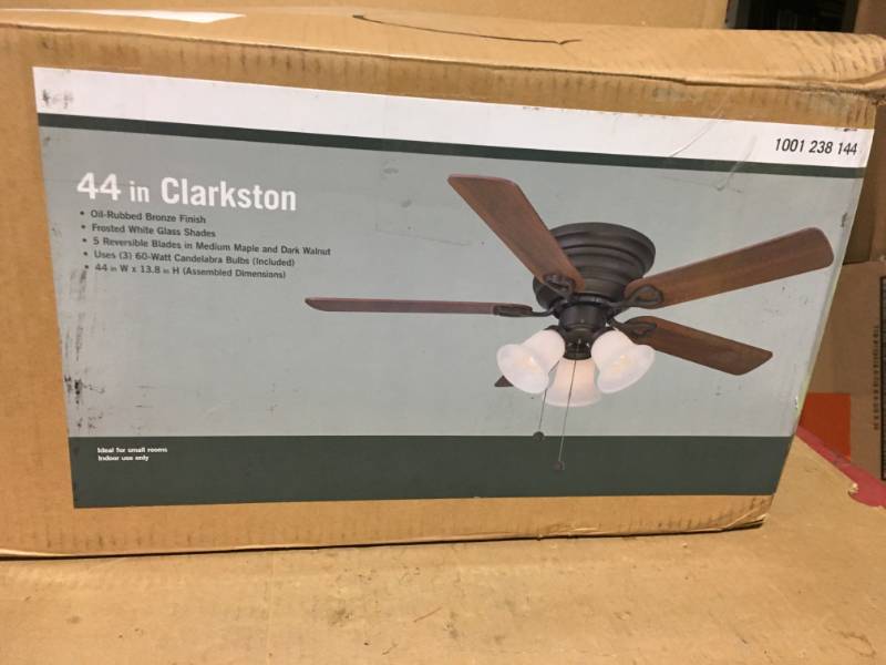 lot 6 image: Clarkston 44 in. Indoor Oil Rubbed Bronze Ceiling Fan with Light Kit in Good Condition