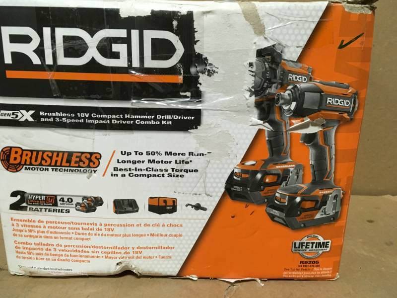 lot 26 image: RIDGID 18-Volt Lithium-Ion Cordless Brushless Hammer Drill and Impact Driver 2-Tool Combo Kit with (1) 4.0Ah Batteries, Charger in Good Condition