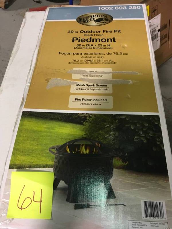 lot 64 image: Hampton Bay Piedmont 30 in. Steel Fire Pit in Black with Poker in Good Condition