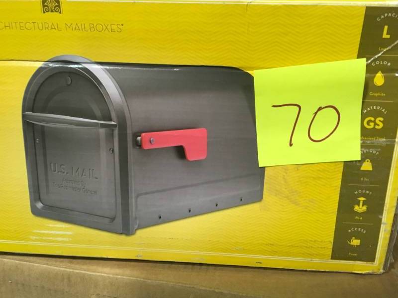 lot 70 image: Architectural Mailboxes Mapleton Post Mount Mailbox Graphite with Red Flag not used
