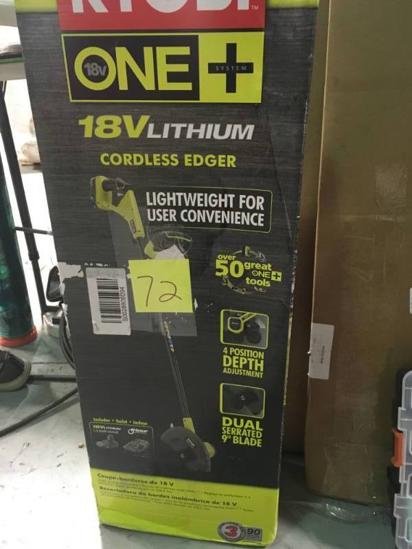 lot 72 image: RYOBI ONE 9 in. 18-Volt Lithium-Ion Cordless Edger - 1.3 Ah Battery and Charger Included in Good Condition