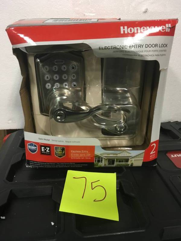 lot 75 image: Honeywell Satin Nickel Keypad Electronic Door Lever Entry Lock with Alarm in Good Condition
