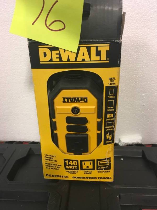 lot 76 image: DEWALT 140-Watt Power Inverter with Dual USB Ports in Good Condition