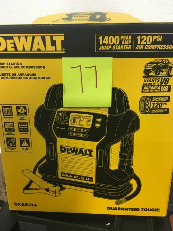 lot 77 image: DEWALT 1400 Peak Amp Jump Starter with Digital Compressor in Good Condition